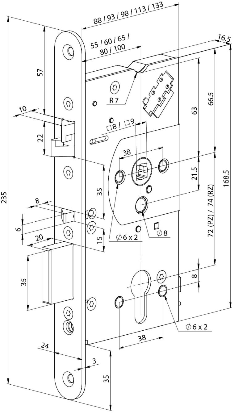 Abloy EL560 100170 72/65/24 egyirányú kilincs vezérlésű pánik zár méret