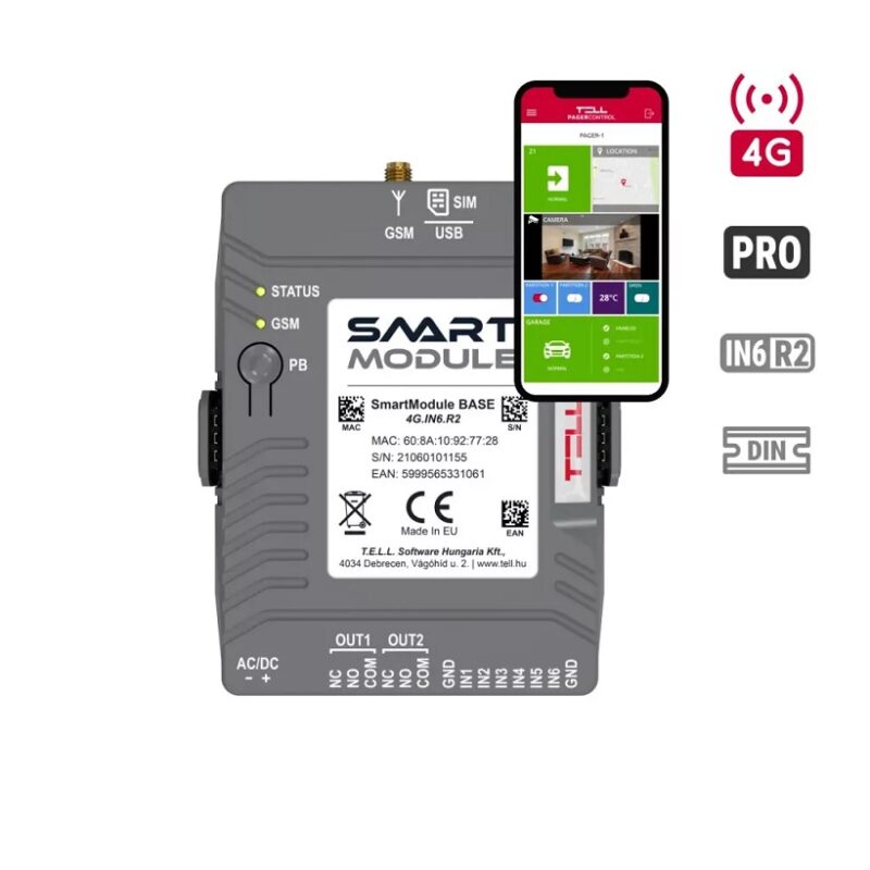 TELL Smart Module BASE DIN rail - 4G.IN6.R2, 6 be, 2 relé kimenet - önálló riasztóközpont